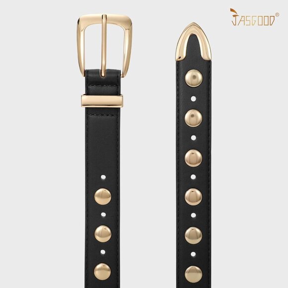 ⚡ Black Women Leather Belt Studded Ladie Punk Gold Buckle Vintage for Jean Dress - Picture 2 of 6